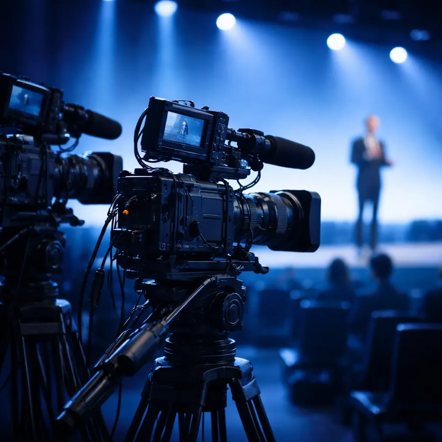 Tres camaras broadcast cubriendo un escenario corporativo con regia multicamara