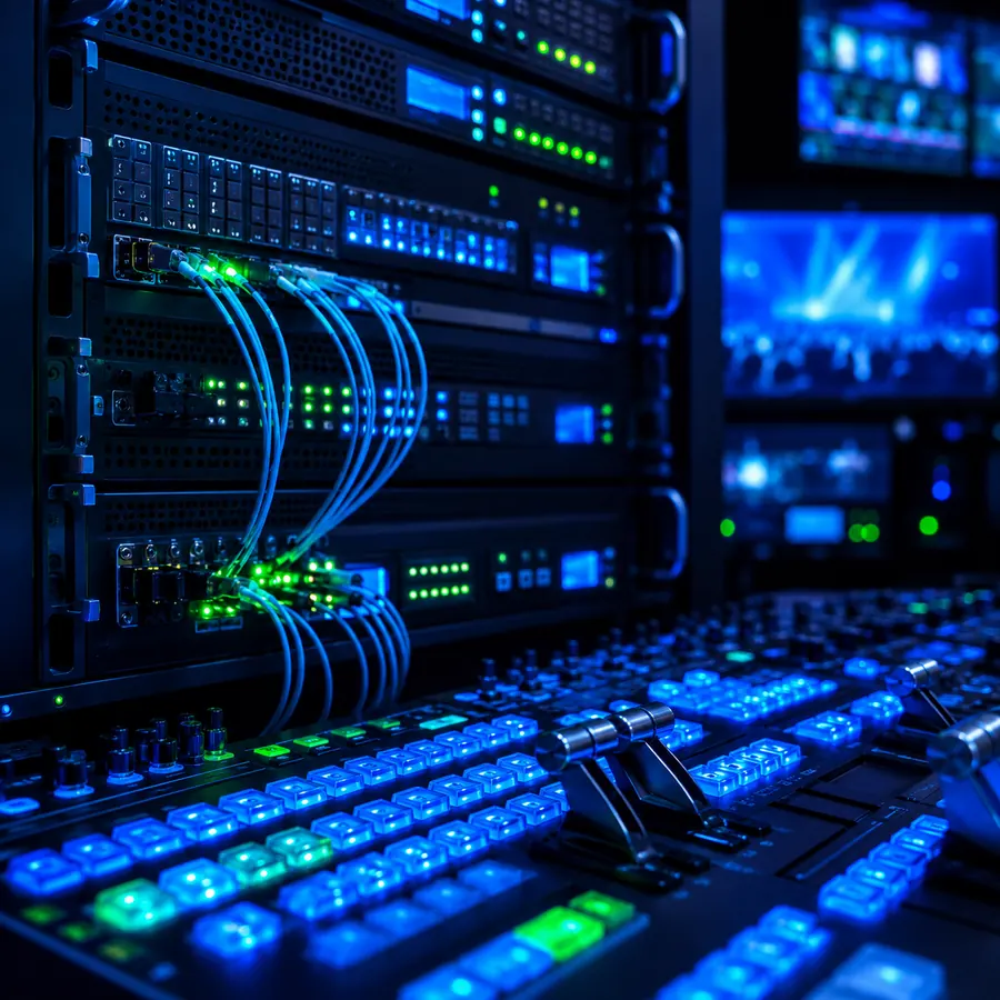 Mesa de produccion con regia y encoders de streaming